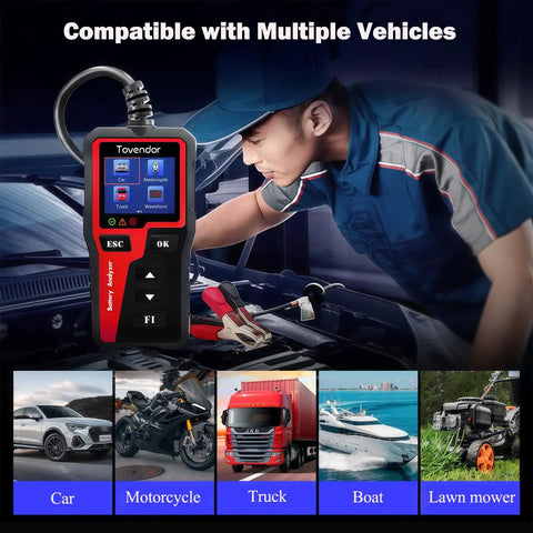 All In One Car Battery Tester 6V 12V 24V With Alternator And Load Testing Checks Battery Health For Lead Acid AGM GEL EFB And LiFePO4 With Voltage And Health Readouts Not Compatible With 48V Systems used on car, motorcycle, truck, boat, lawn mower