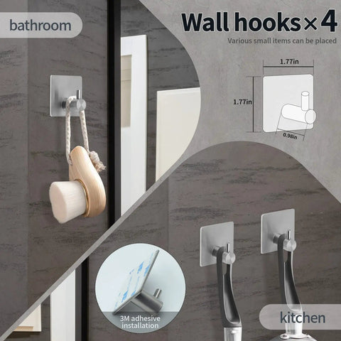 Brushed nickel wall hook from Dope Brushed Nickel 12 Piece Bathroom Hardware Set, holding a brush, wall mounted in bathroom.