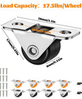 8 Pack Rock Solid Slick Low Profile Fixed Caster Wheels With Heavy Duty Metal Mounting Plate 1/2 Inch Non Swivel Castors close-up view with dimensions.