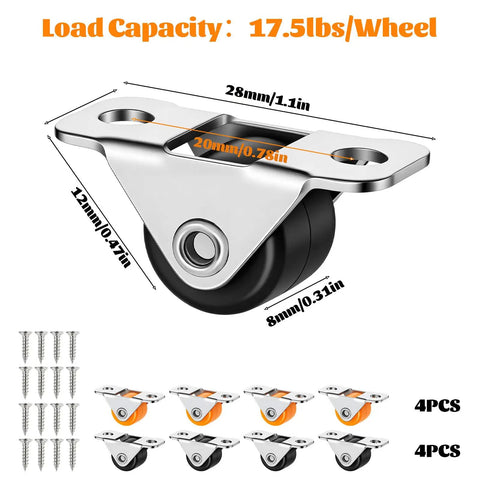 8 Pack Rock Solid Slick Low Profile Fixed Caster Wheels With Heavy Duty Metal Mounting Plate 1/2 Inch Non Swivel Castors close-up view with dimensions.