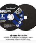 Image of Three Inch Cut Off Wheel Kit With One Quarter Inch Stem Mandrel For Die Grinder And Rotary Tool Metal And Stainless Steel Cutting Discs Ten Pack Ultra Thin 0.04 Inch, showing product label and specifications.