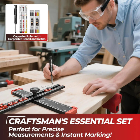 Man using All In One 4 In 1 Drilling Positioning Scribing Ruler For DIY Pros, Adjustable T Square With Carpenter Pencil on wood