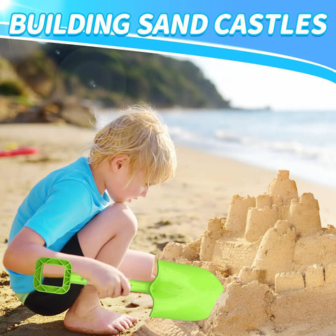 Child using 16 Inch Beach Sand Shovel Toy For Kids, Jumbo Garden Scoop Tool Kit to build sandcastle at beach