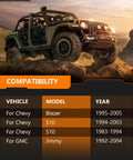 Chevy Front And Rear Shock Absorbers And Struts Replacement Set For 1995 To 2005 Chevy Blazer S10 Blazer Jimmy GMC Sonoma Isuzu Hombre 4 Piece Pack Of Shocks compatibility chart with rugged vehicle in background.
