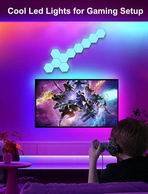Dope Remote Controlled RGB Hexagon LED Lights For Gaming Setup With Touch Sensitive Panels above TV in lit room