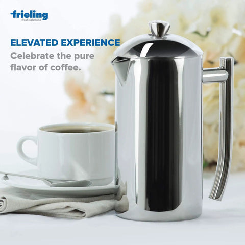 Double Walled Stainless Steel French Press Coffee Maker 44 Oz Extra Large Polished, side view with coffee cup and saucer
