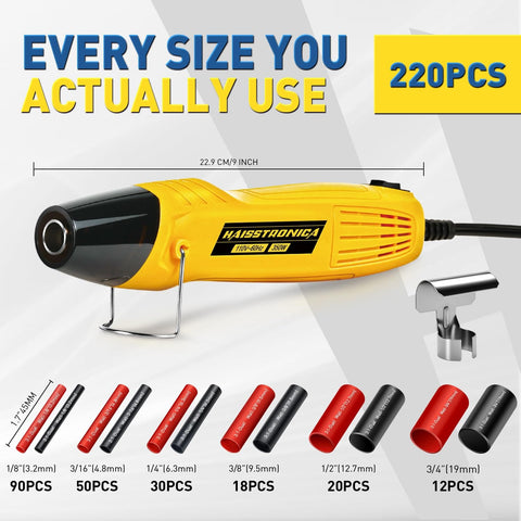 220Pcs Heat Shrink Tubing Kit With 3 To 1 Adhesive Lined Tubes And Dual Temperature Mini Heat Gun Waterproof Insulated Shrink Wrap For Automotive And Marine Wiring Repair featuring yellow heat gun and various tubing sizes
