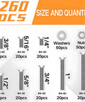 Hella Durable 4-40 Phillips Flat Head Machine Screws And Hex Nuts Assortment Kit Featuring 260 Pieces Of 304 Stainless Steel Countersunk Fasteners With Locking Washers, size and quantity chart