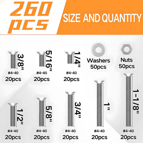 Hella Durable 4-40 Phillips Flat Head Machine Screws And Hex Nuts Assortment Kit Featuring 260 Pieces Of 304 Stainless Steel Countersunk Fasteners With Locking Washers, size and quantity chart