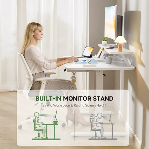Woman using Electric Standing Desk With Drawers 48 By 24 Inches Height Adjustable Sit Stand Desk With Monitor And Laptop Stands