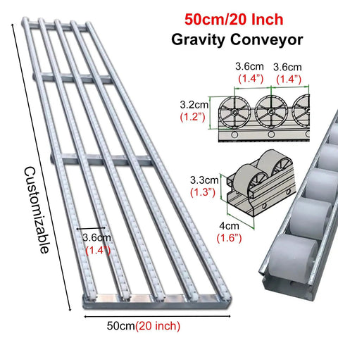 Heavy Duty Portable Roller Conveyor With Stainless Steel Frame And Plastic Rollers For Warehousing, 50cm wide with detailed dimensions.