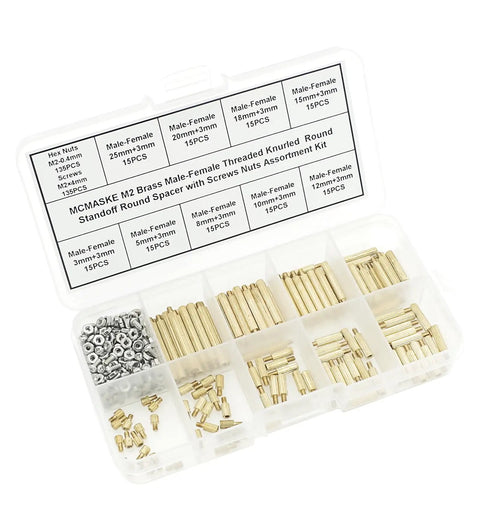 Top Shelf Brass M2 Knurled Standoff And Threaded Spacer Assortment Kit with Steel Hex Nuts in organized tray for electronics projects.