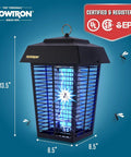 Outdoor Bug Zapper For 1 Acre Coverage With 40W UV Bulb And 5600V Kill Grid Mosquito Attractant Cartridge Included Hangable Lantern Insect Trap That Takes Down Flying Pests Fast shown with dimensions and mosquitoes