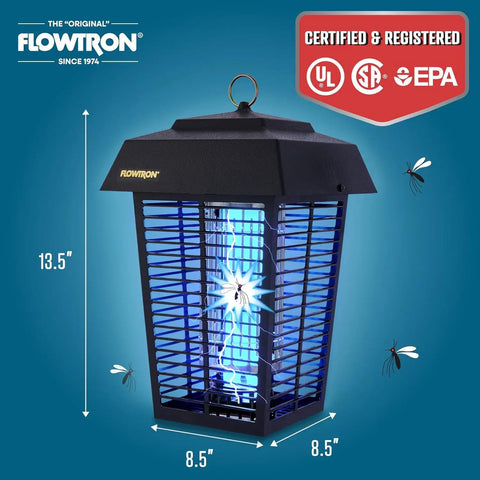 Outdoor Bug Zapper For 1 Acre Coverage With 40W UV Bulb And 5600V Kill Grid Mosquito Attractant Cartridge Included Hangable Lantern Insect Trap That Takes Down Flying Pests Fast shown with dimensions and mosquitoes