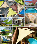 Sand Color 14 Ft Triangle Sun Shade Sail Canopy for Garden Deck Pool Patio Pergola Backyard Sandbox Breathable UV Blocking 90 Percent Sun Shade with Reinforced Corners and Steel Fittings for Quick Set Up visible installed in various outdoor settings.