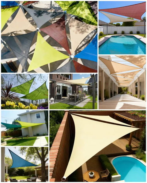 Sand Color 14 Ft Triangle Sun Shade Sail Canopy for Garden Deck Pool Patio Pergola Backyard Sandbox Breathable UV Blocking 90 Percent Sun Shade with Reinforced Corners and Steel Fittings for Quick Set Up visible installed in various outdoor settings.