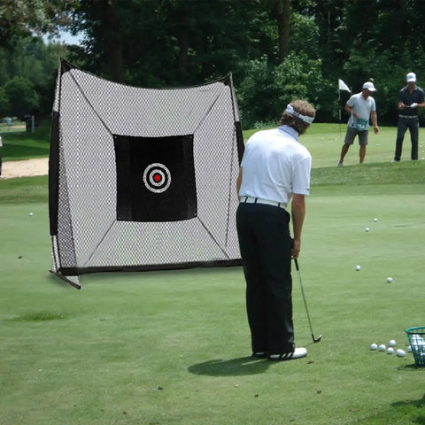 Golfer using 57 Inch Silent Golf Practice Net With Colorful Target Cloth For Indoor And Outdoor Training in backyard