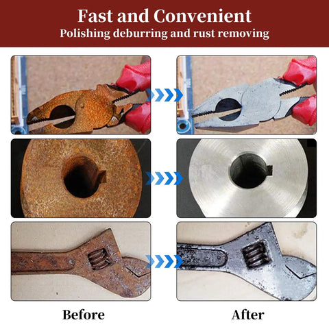 Before and after rust removal with 2 Inch Quick Change Sanding Discs Kit For Die Grinder And Drill, surfaces polished and clean.