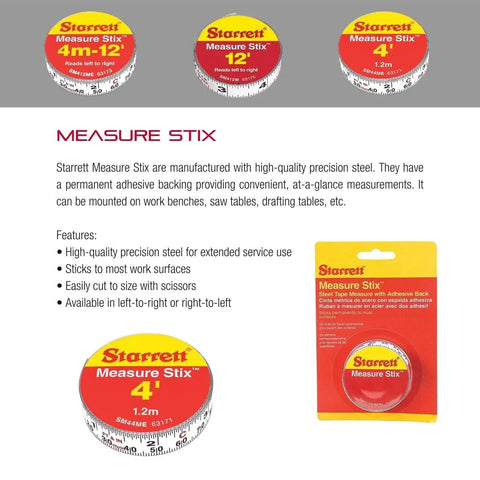Tape Measure Stix With Adhesive Backing For Quick On Bench Mounts On Saw Tables And Drafting Tables One Half Inch By Four Feet With Left Right Reading English Metric Sm44W, shown with packaging details and features.