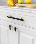 10 Pack 5 Inch Matte Black And Gold Kitchen Cabinet Handles on white cupboard drawer