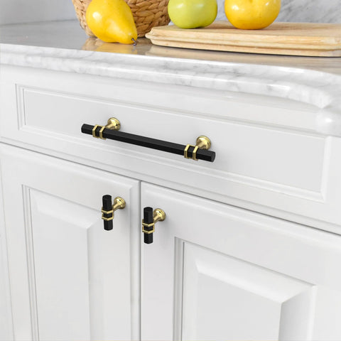 10 Pack 5 Inch Matte Black And Gold Kitchen Cabinet Handles on white cupboard drawer