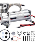 Heavy Duty 12V Air Horn Suspension Compressor Featuring Hella Fast Inflation for Truck Train Tire Air Ride System and DIY Pneumatic Tools with accessories.