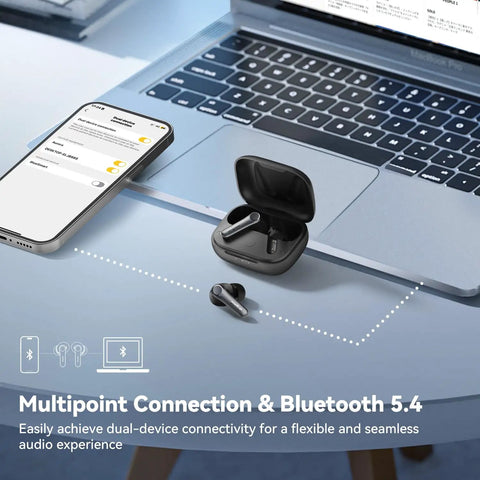 Open Air Pro 4 Wireless Earbuds With Adaptive Hybrid Noise Canceling For Crisp Sound And Big Battery Life on a desk near a laptop