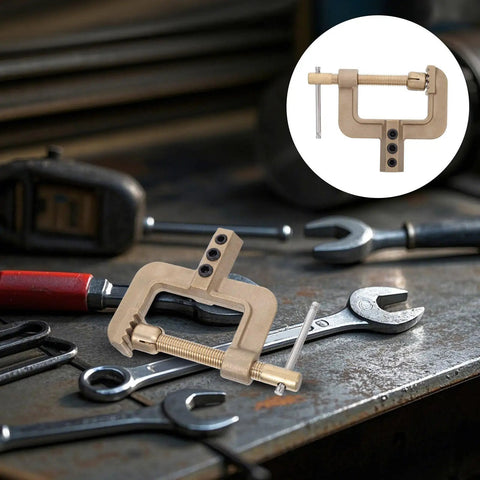 Heavy Duty Ground Clamp For Welders With High Current Transfer And Thickened Copper Contact Design To Stop Rust And Ensure Reliable Sturdy Spring Operation For Tough Home Shop Or Field Jobs That Need Real Muscle on a workbench with tools.