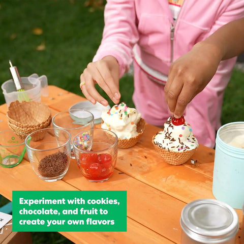 Child making ice cream cones from Science Of Cooking Ice Cream Kit For Kids: DIY Hands On Kitchen Chemistry Project