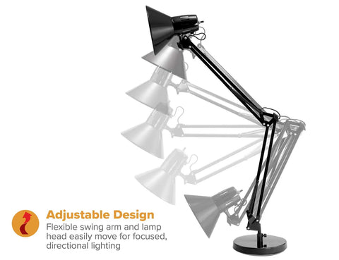 Swing Arm Desk Lamp With 36 Inch Reach Fully Adjustable Multi Joint Metal Build Replaceable LED Bulb Black Office Task Lighting