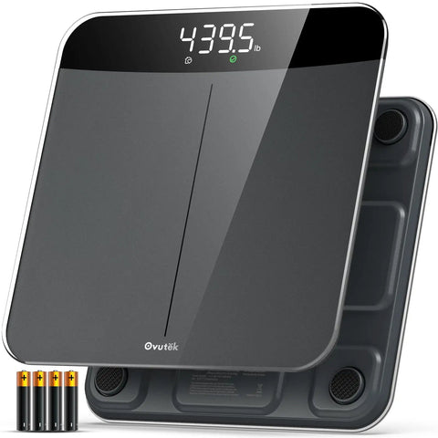 Digital Bathroom Scale With 450 Lb Capacity, 0.05 Lb Accuracy, showing LED display and durable base, includes batteries.