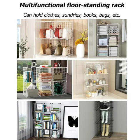 Heavy Duty Hard Hat Rack Organizer With Metal Wire Storage Cubes holding clothes, bags, books, and towels in various home settings.