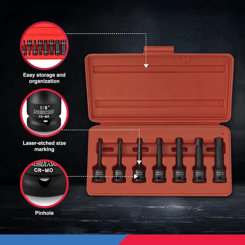 3/8 Inch Drive Allen Socket Set With 3 Inch Length, Impact-Grade Hex Bits, SAE Range 3/16 To 1/2 Inch, CrMo Steel in red case