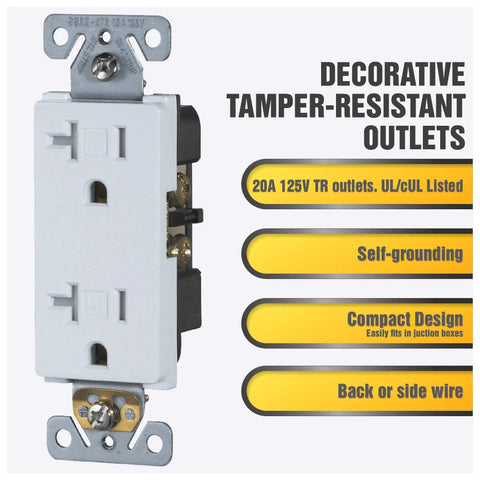 20 Amp Tamper Resistant Outlet 125V Decorator Duplex Receptacle 10 Pack White Commercial Grade UL Listed