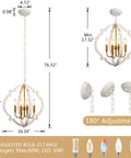 Vintage Farmhouse Pendant Light 4 Light Wood Chandelier Ceiling Mount Rustic Dining Room Fixture In White Finish With Cozy Warm Glow Vibe Classic Chic Style Easy Install And Durable Wood Construction with dimensions and bulb details