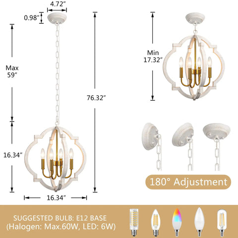 Vintage Farmhouse Pendant Light 4 Light Wood Chandelier Ceiling Mount Rustic Dining Room Fixture In White Finish With Cozy Warm Glow Vibe Classic Chic Style Easy Install And Durable Wood Construction with dimensions and bulb details