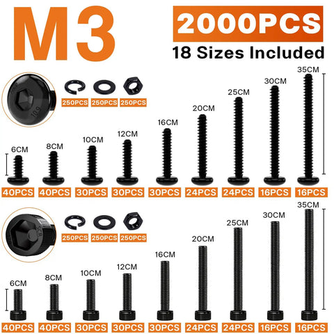 960 Pcs M3 Socket Head Cap Screw Kit All In One 6-30mm For 3D Printing Electronics RC CNC And DIY Projects Durable Metal Fasteners For Precise Builds Results. M3 screw set with 12.9 alloy bolts, washers, nuts, and case, 6-35cm sizes