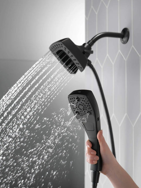Five Spray In2ition 2 In 1 Dual Shower Head With Hose And Magnetic Dock Handheld Matte Black Shower System in use