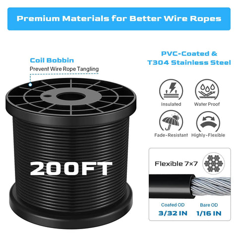 200 ft vinyl-coated 304 stainless steel cable in spool for String Light Hanging Kit With 200 Ft Vinyl Coated 304 Stainless Steel Cable Guide Wire With Turnbuckles And Hooks For Patio And Backyard Lighting Outdoor Decor And Easy Install