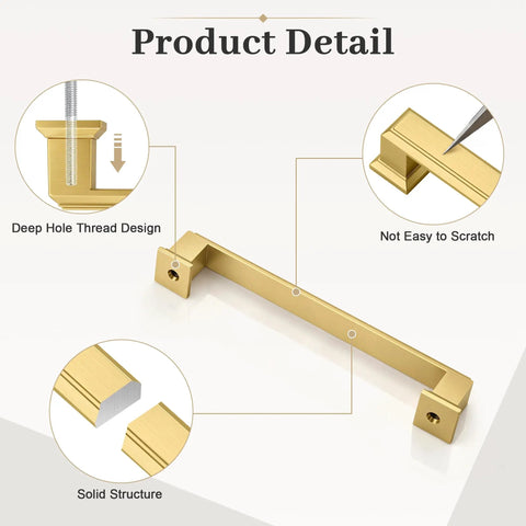 Product detail of Six Pack 3 Inch Hole Center Cabinet Pulls In Brushed Gold Brass Finish Zinc Alloy Solid Drawer Handles with threaded design.