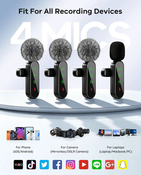 Four Pack Wireless Lavalier Microphones Kit For iPhone Android And Cameras with four mini mics, noise reduction for recording.