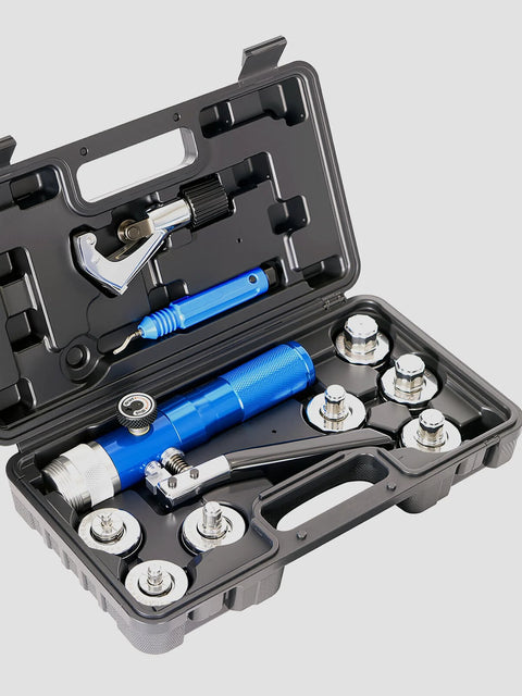 AMZCNC CT-300 hydraulic tube expander kit in a case with 7 expander heads, blue hydraulic tool, cutter and deburring tool