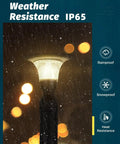 Solar Post Light With Dusk To Dawn Sensor, IP65 Waterproof Outdoor Lamp for pathways and patios, glowing in rain and snow.