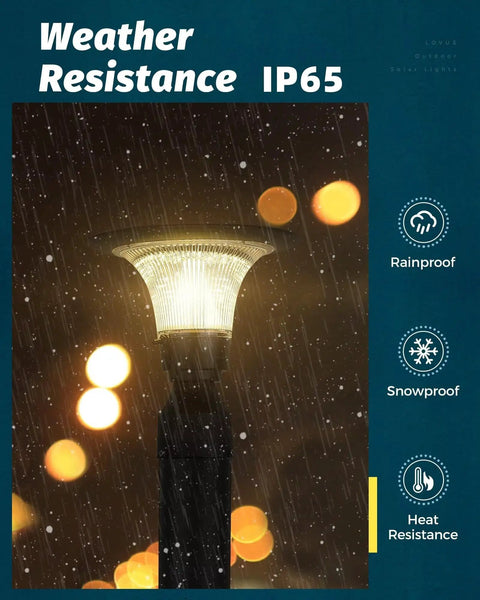 Solar Post Light With Dusk To Dawn Sensor, IP65 Waterproof Outdoor Lamp for pathways and patios, glowing in rain and snow.