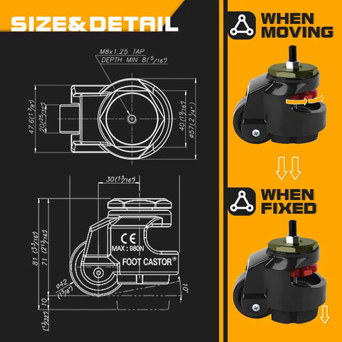 Leveling Casters Retractable Beefy Heavy Duty Set Of 4 One Point Five Inch Wheels With 440 Lbs Total Capacity For Workbenches Machinery And Heavy Furniture Durable M8 Bolts Plate Castors
