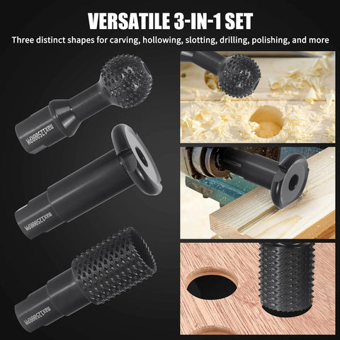 Three-piece Amazon ball gouge wood grinder set with 5/8-11 thread for 4-1/2in and 5in angle grinders, carbide steel burrs
