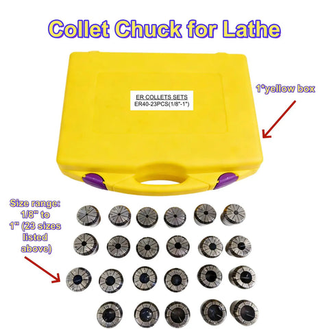 ER40 Collet Set 23 Pcs One Eighth To One Inch Pro Grade High Precision Spring Collets with yellow carrying case
