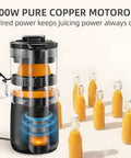 Keerain Electric Orange Juicer Hand-Free Citrus Squeezer with 100W Motor and Cleaning Brush showcasing orange being juiced, bottles of juice behind.