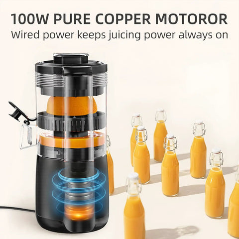 Keerain Electric Orange Juicer Hand-Free Citrus Squeezer with 100W Motor and Cleaning Brush showcasing orange being juiced, bottles of juice behind.