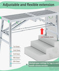 Heavy Duty Folding Scaffold Tower With Adjustable Height And Non Slip Deck Built Like A Tank For Sure Fire Work Access On Paint Or Drywall Jobs That Demand Extra Muscle And Reliable Stability Daily, shown in adjustable position.